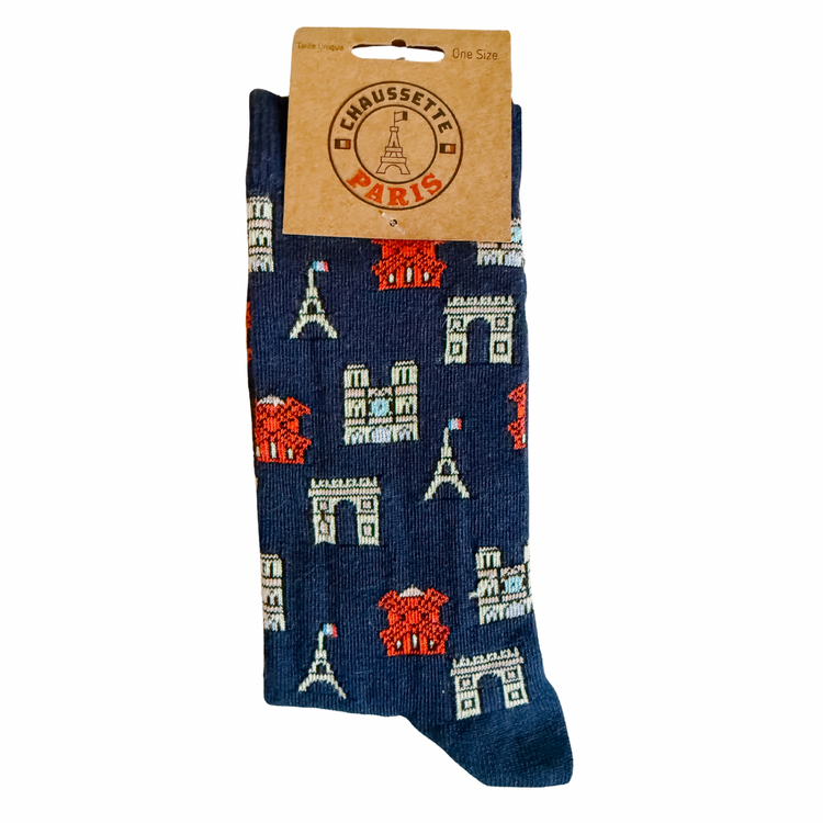 Paris Icon Socks – Navy Unisex Socks with Eiffel Tower, Arc de Triomphe & Notre Dame | French Souvenir Gift