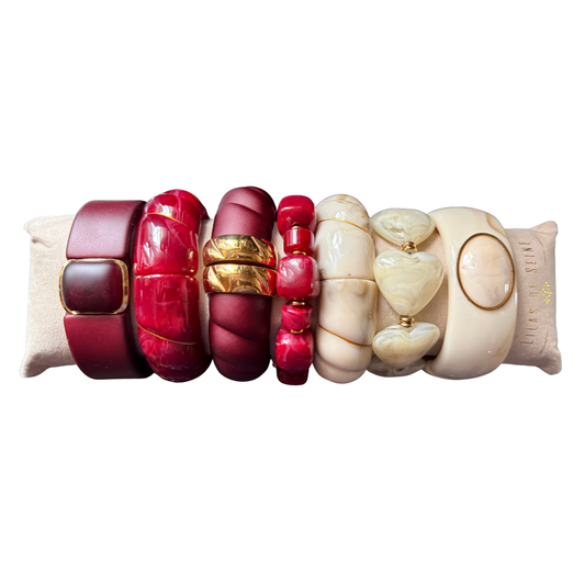 Parisian Chunky Resin Bracelets – Hinge & Stretch Bangles with Faux Gemstone in Red and Ivory | Retro Statement Jewelry