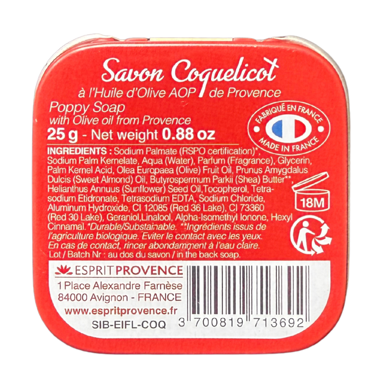 Savon Coquelicot (Poppy) Soap in Collectible Tin – Olive Oil French Soap from Provence – Travel Size Paris Gift (0.88 oz)