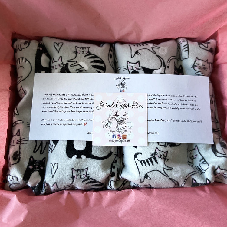 Lavender hot pack in gray cat fabric