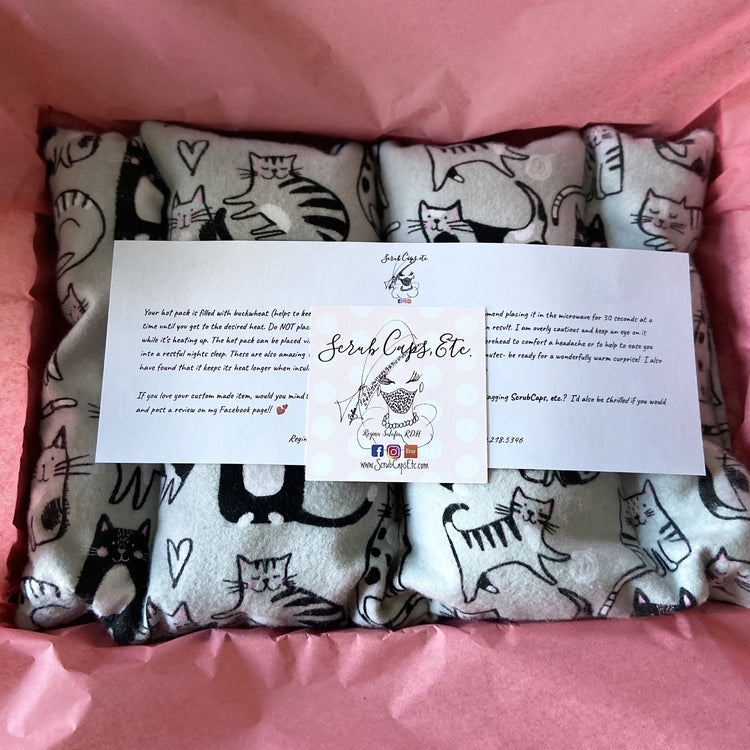 Lavender hot pack in gray cat fabric
