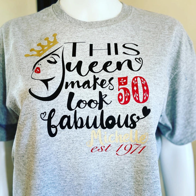 Gray short sleeve birthday milestone shirt.