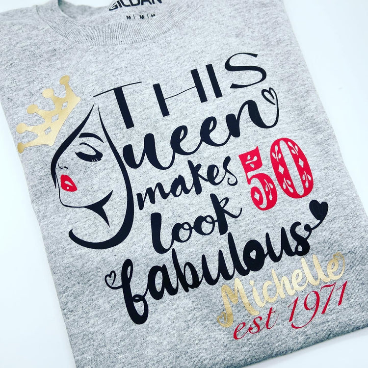 Gray short sleeve birthday milestone shirt.