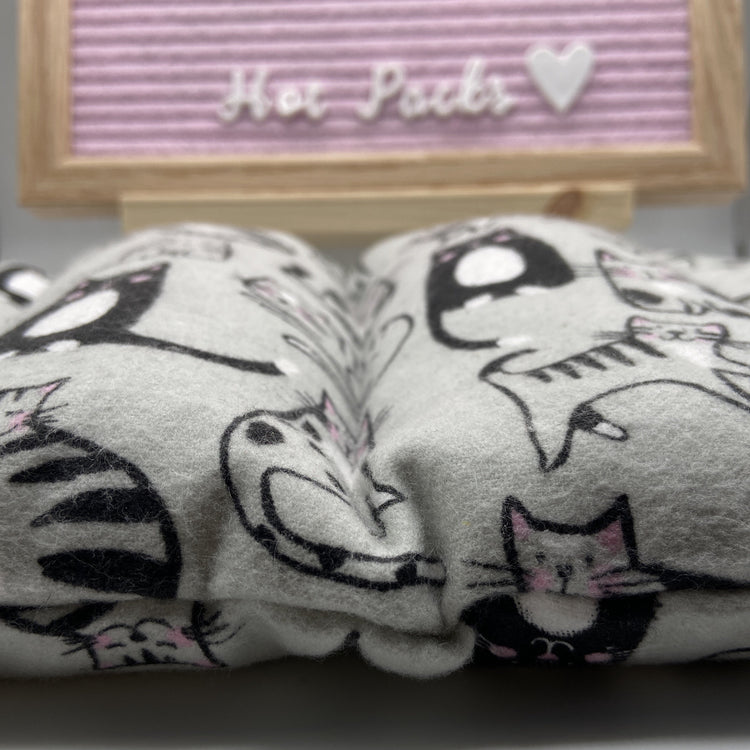 Lavender hot pack in gray cat fabric