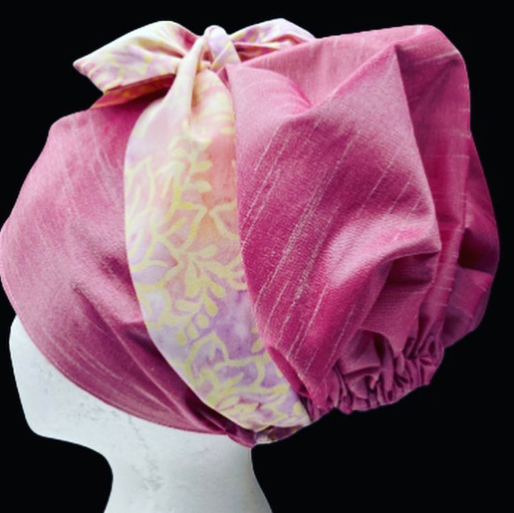 Reversible Elegant Pink Scrub Bonnet with a Floral Bow