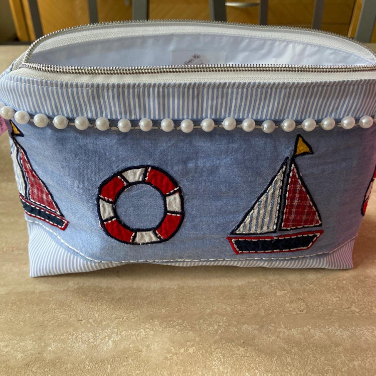 Blue and white striped nautical cosmetic bag/mini cooler