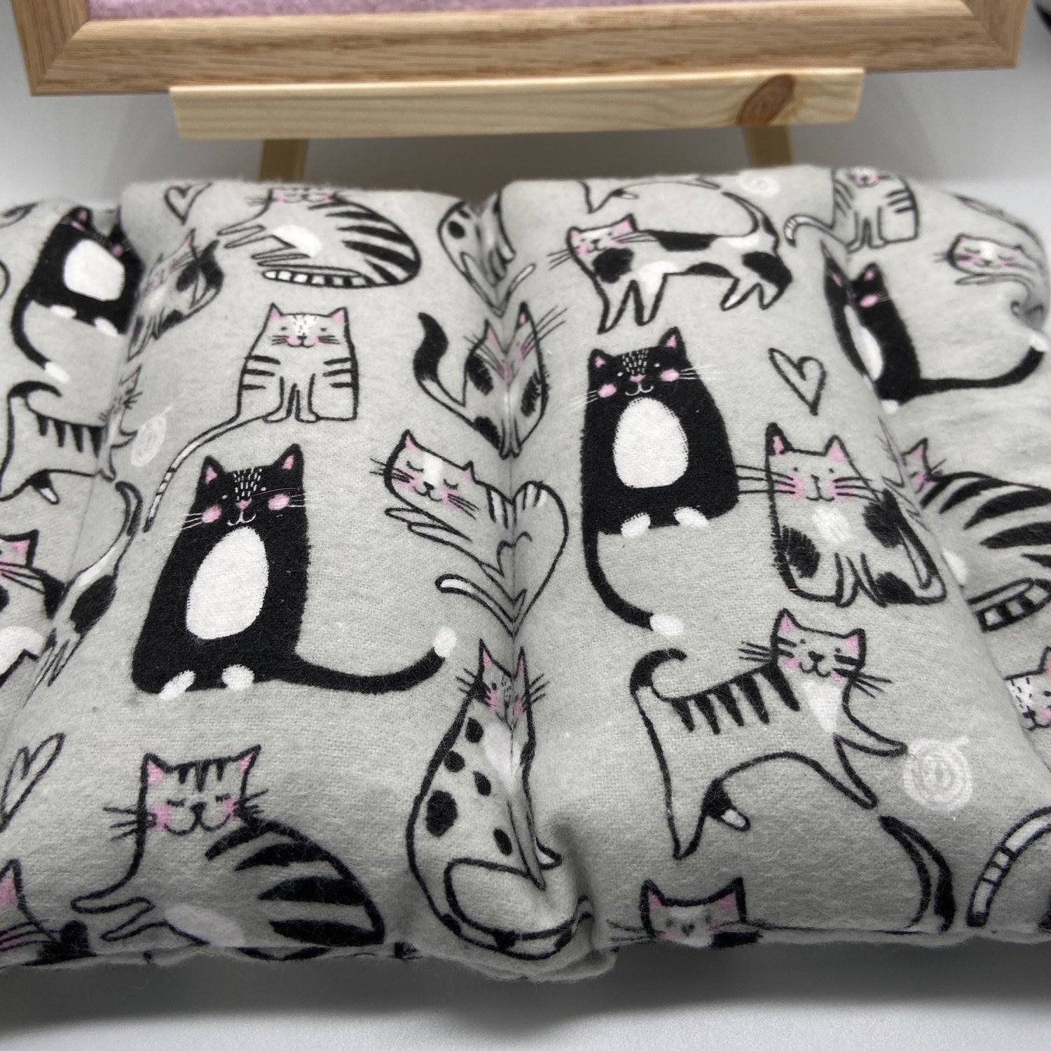 Lavender hot pack in gray cat fabric