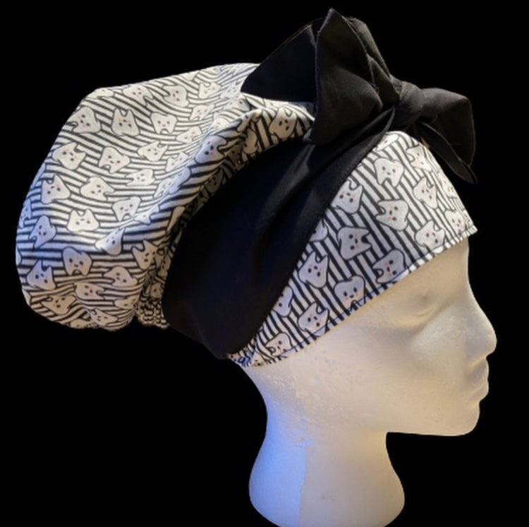 Black and white scrub bonnet with black tie