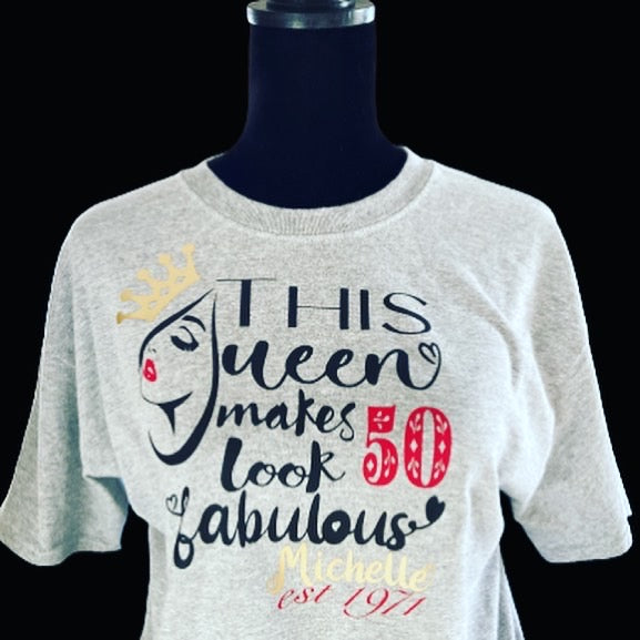 Gray short sleeve birthday milestone shirt.