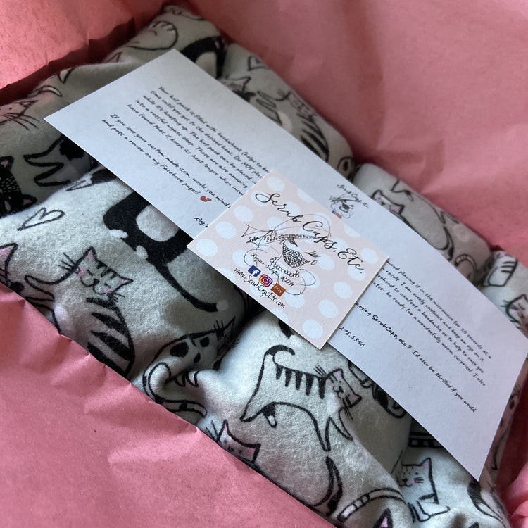 Lavender hot pack in gray cat fabric