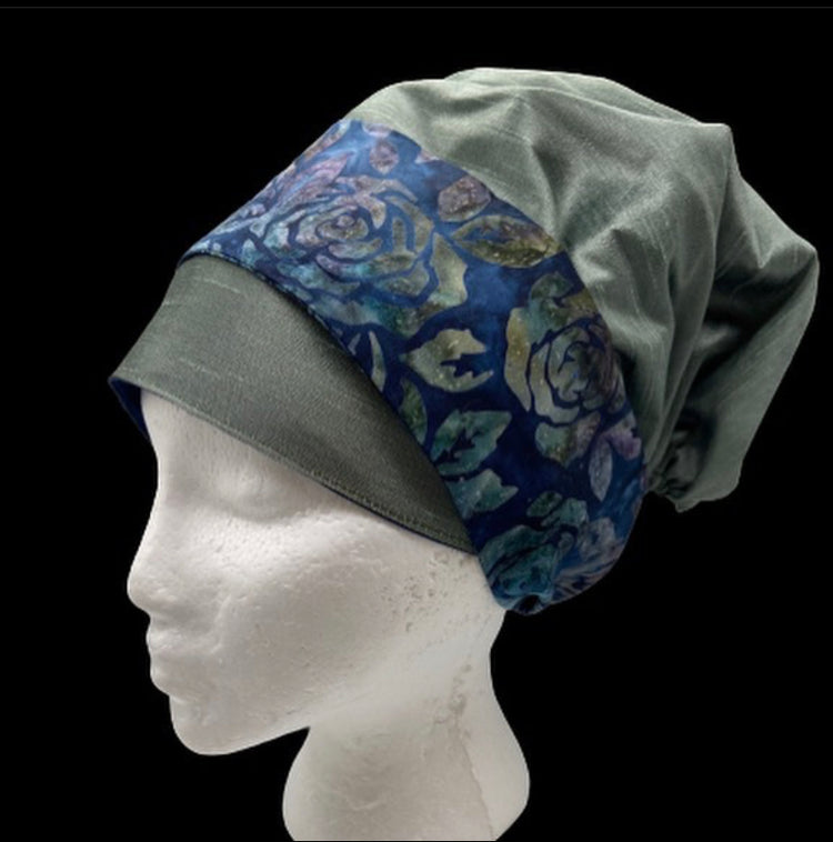 Olive and floral print bow scrub bonnet
