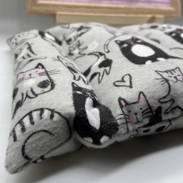Lavender hot pack in gray cat fabric