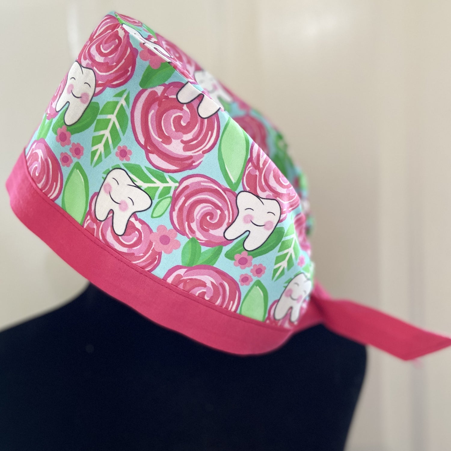 Pink and Aqua floral scrub cap with bright pink band