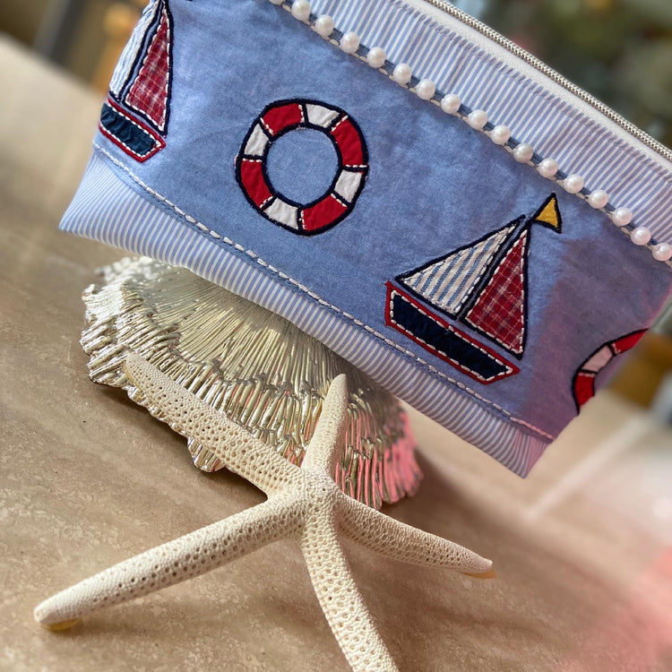 Blue and white striped nautical cosmetic bag/mini cooler