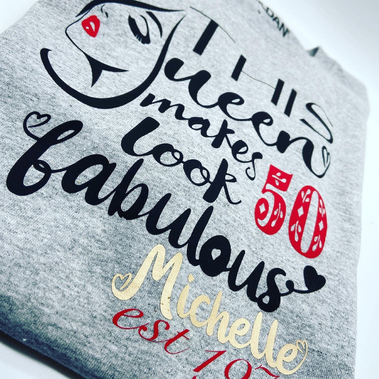 Gray short sleeve birthday milestone shirt.