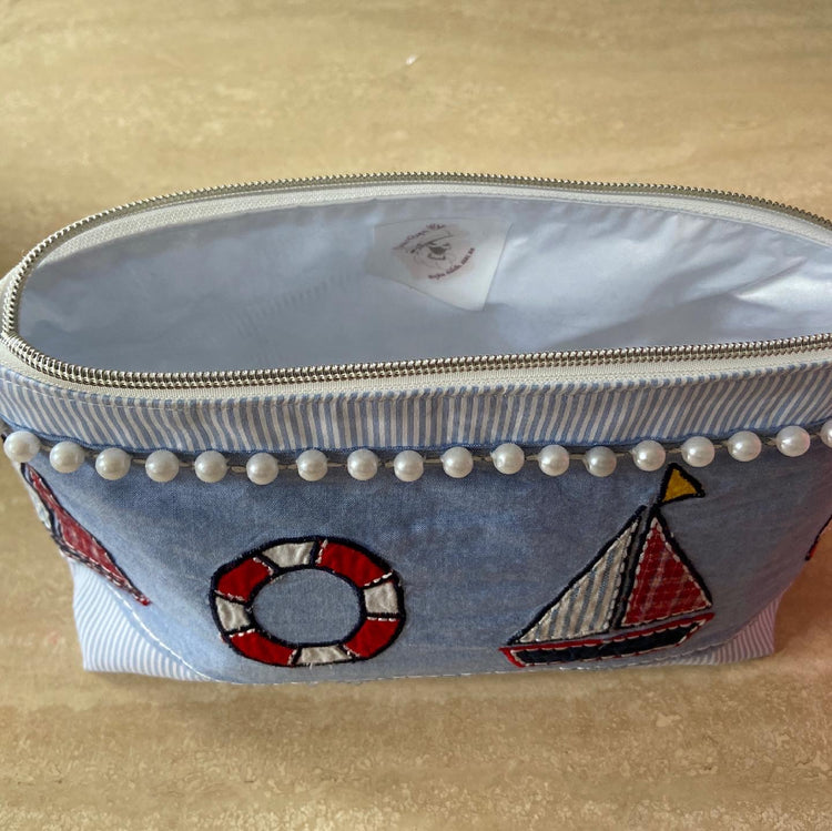 Blue and white striped nautical cosmetic bag/mini cooler