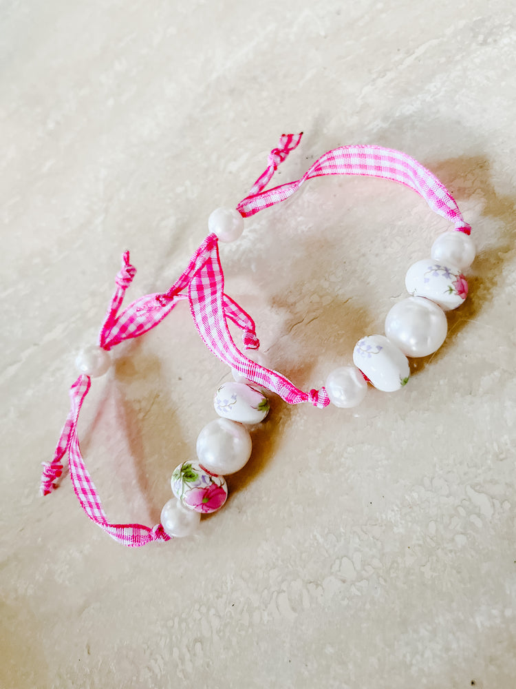 Beaded Pink Gingham Adjustable Bracelet