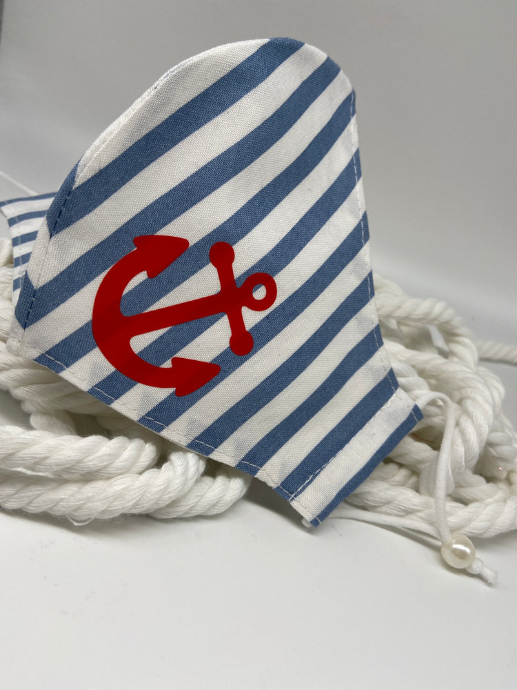 Handmade Nautical Mask with Red Anchor & Pearl Ear Adjusters