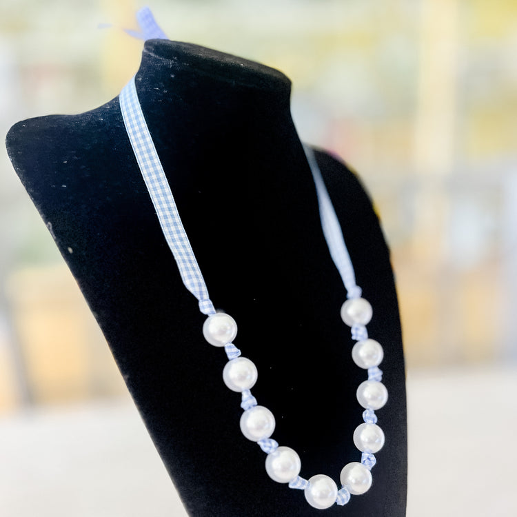 Coastal Grandmother Blue Shore Gingham & Pearl Adjustable Necklace