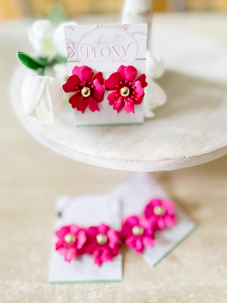 Fiery Pink Peony Earrings