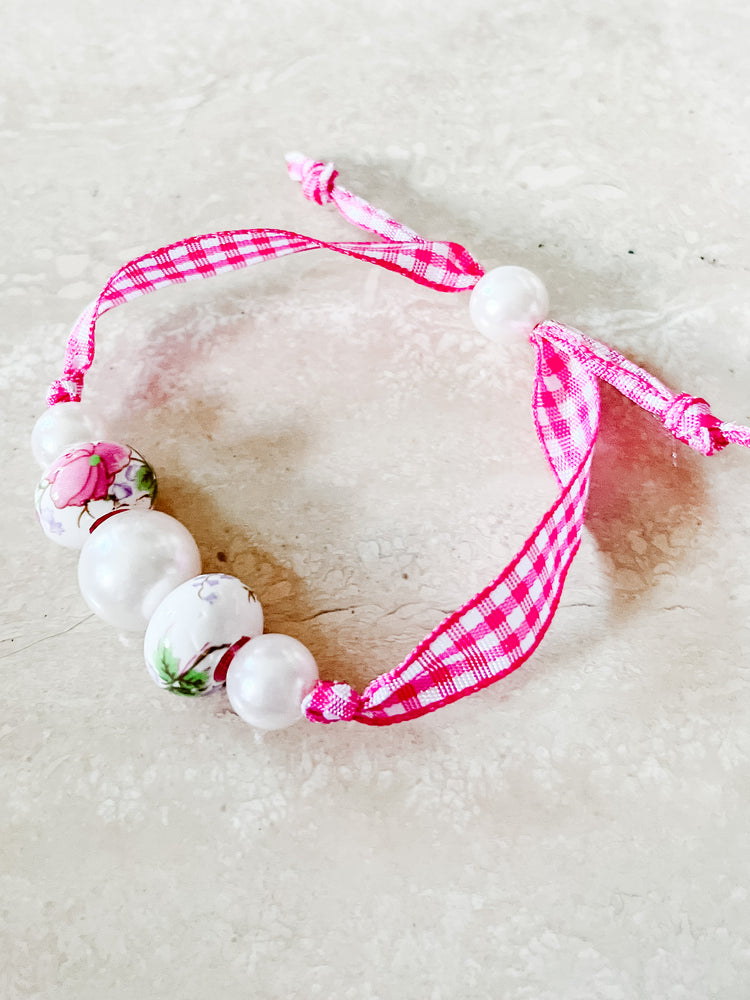 Beaded Pink Gingham Adjustable Bracelet