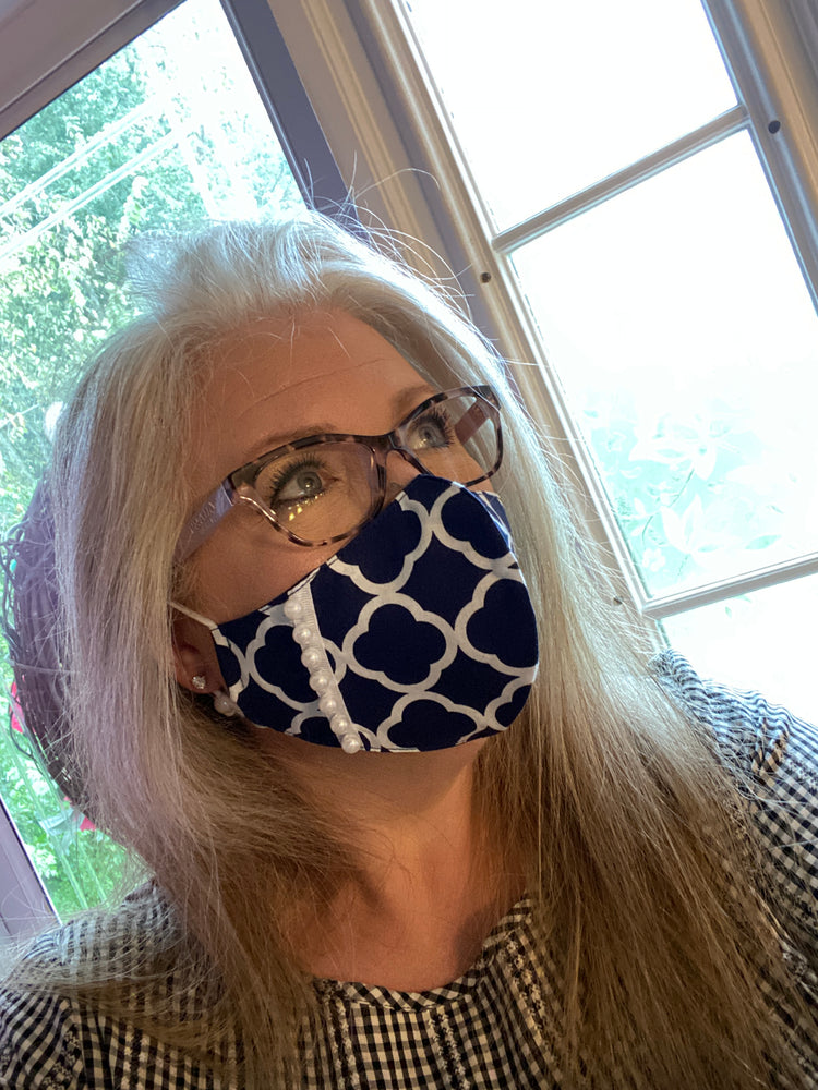 Classic Navy & White Mask with Pearl Embellishments