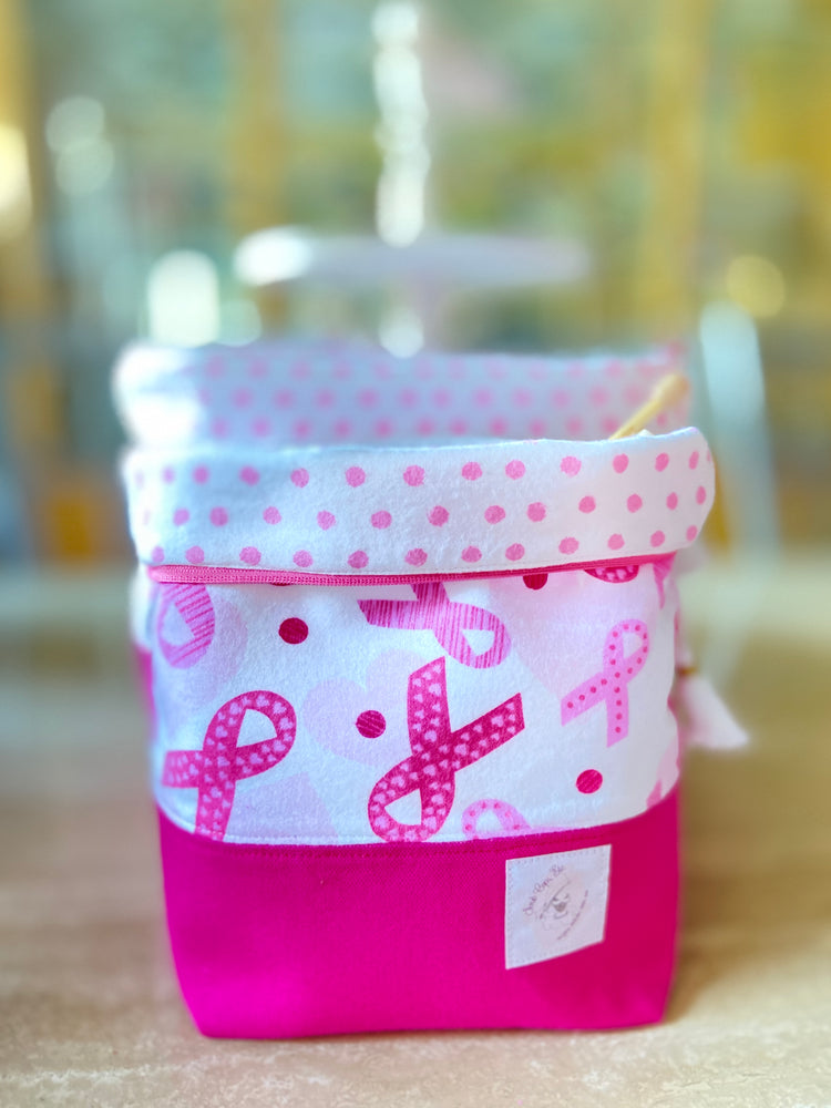 pink ribbon, breast cancer awareness Fundraiser – Knitting/Crocheting Project bag, yarn bowl
