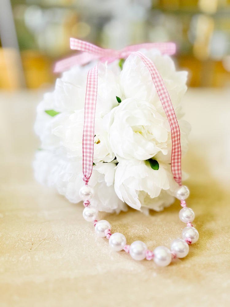 Princess Pink Gingham & Pearl Adjustable Necklace