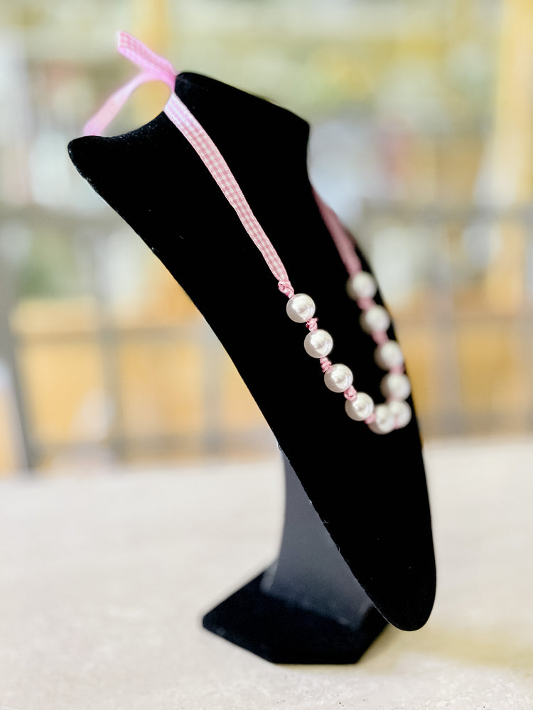 Princess Pink Gingham & Pearl Adjustable Necklace
