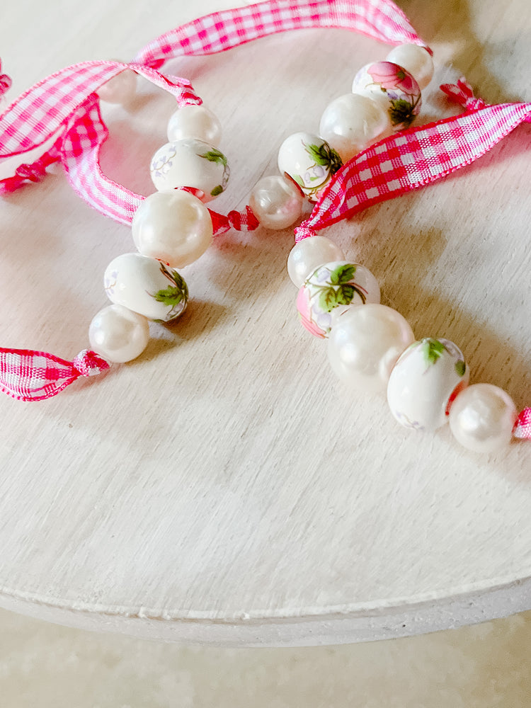 Beaded Pink Gingham Adjustable Bracelet