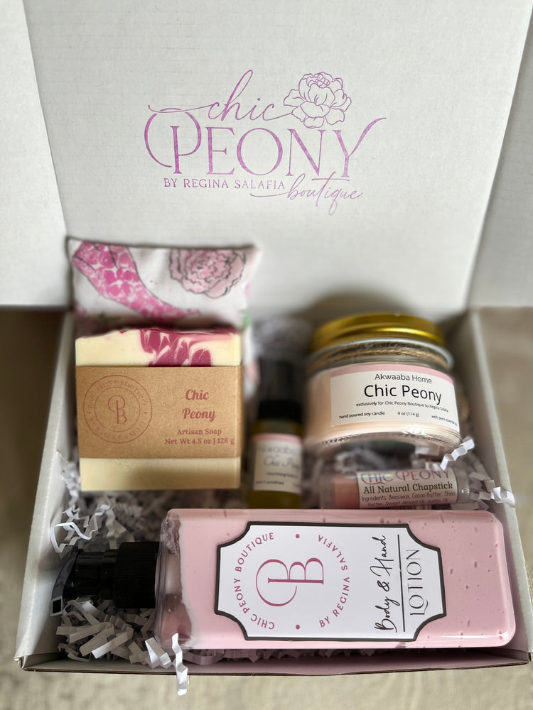 Peony soap, peony candle, peony oil, peony chapstick, peony sachet, peony hand and body lotion