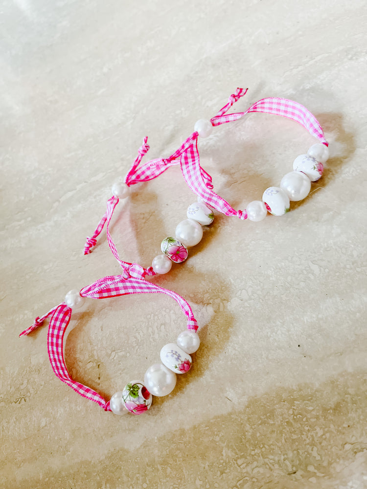 Beaded Pink Gingham Adjustable Bracelet