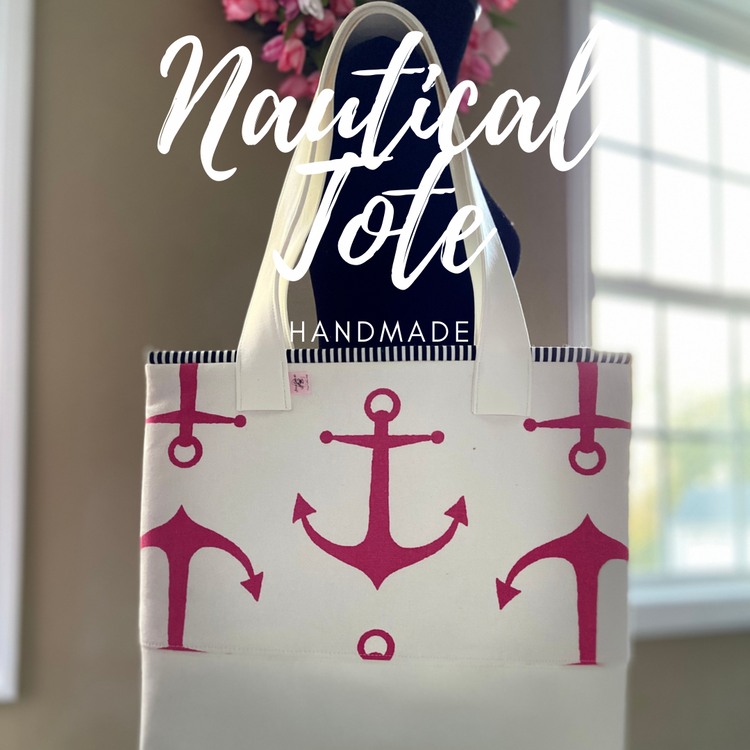 Pink & White Nautical Tote Bag with Marine Vinyl Bottom & Cotton Web Straps