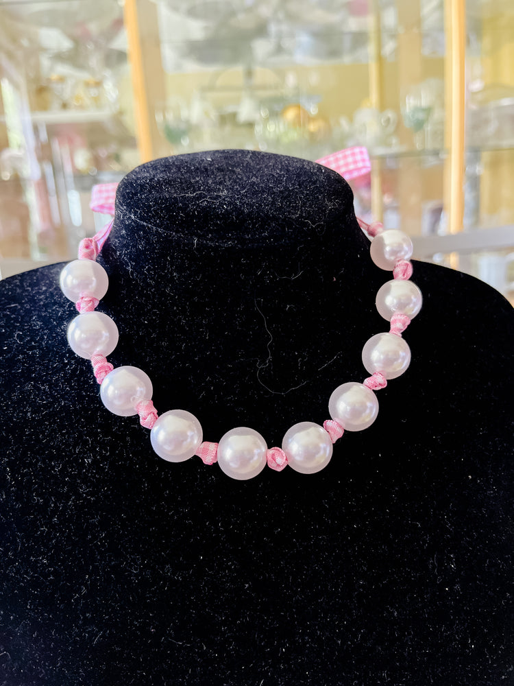 Princess Pink Gingham & Pearl Adjustable Necklace