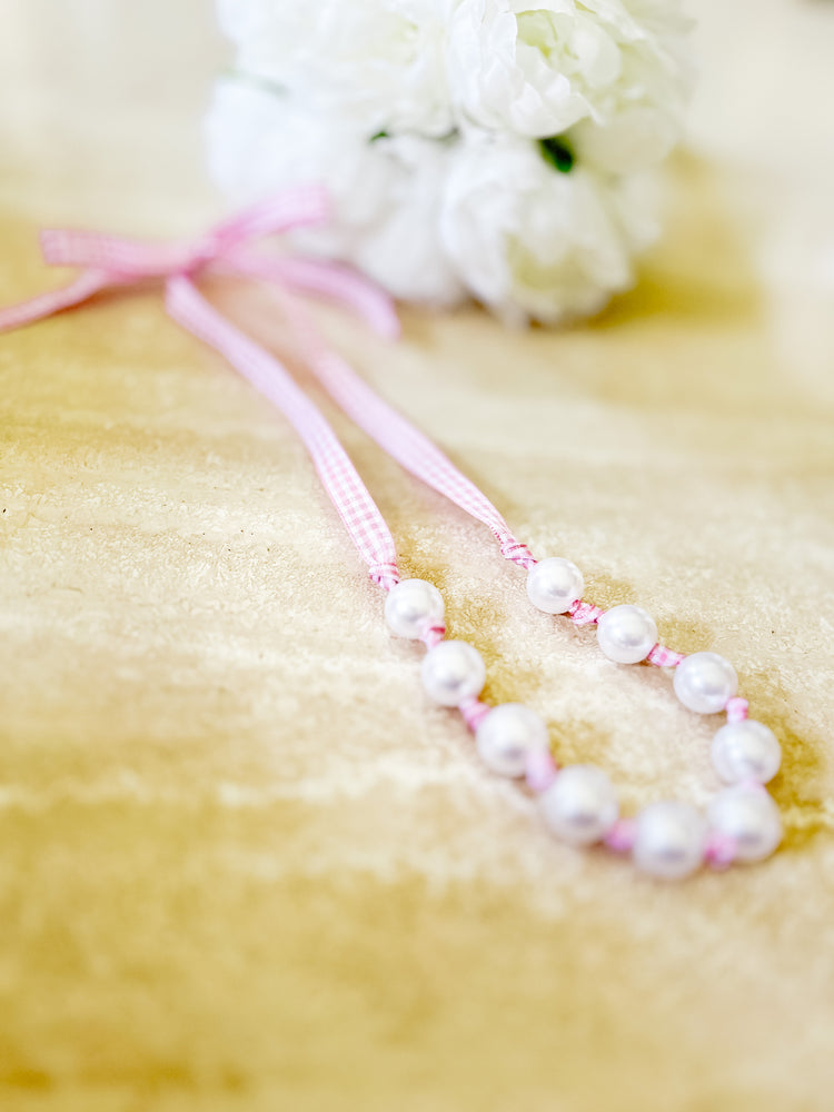Princess Pink Gingham & Pearl Adjustable Necklace