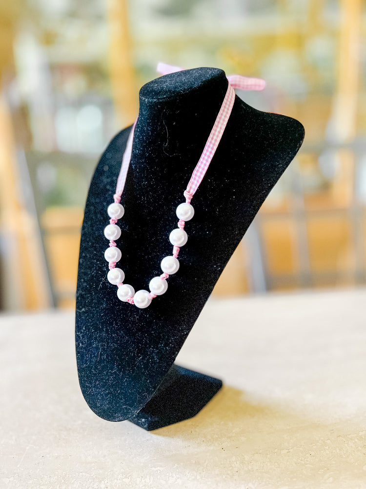 Princess Pink Gingham & Pearl Adjustable Necklace