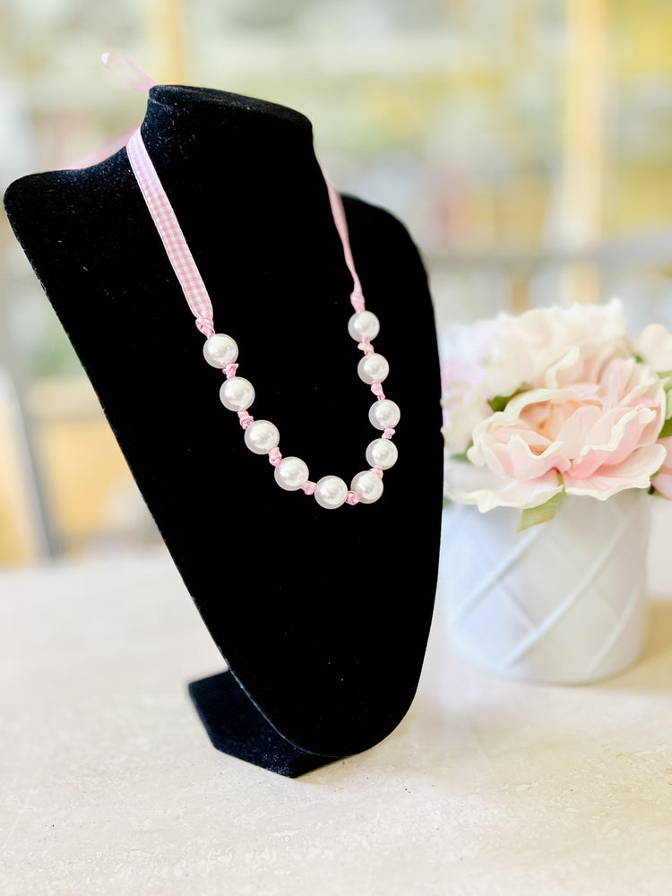 Princess Pink Gingham & Pearl Adjustable Necklace