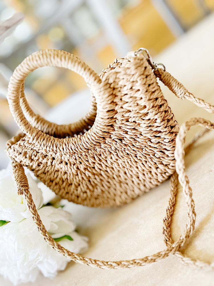 Straw Handbag with Detachable Strap & Drawstring Closure