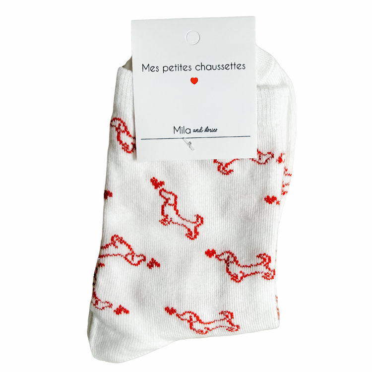 Parisian Dachshund Heart Socks – Shimmery Knit Cozy Socks in White & Beige | French Unisex Gift | Chic Accessories