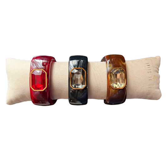 Parisian Retro Chunky Resin Hinge Bracelets with Gemstone