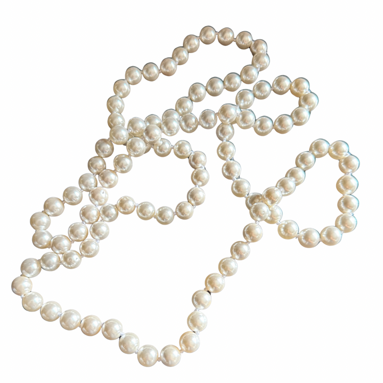 Parisian Long Strand Faux Pearl Necklace – 10mm 46” Hand-Knotted Mother-of-Pearl Coated Pearls