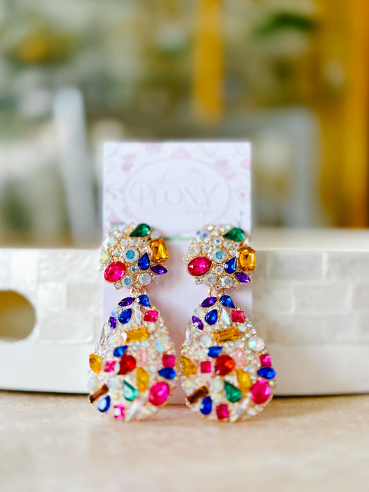 Multi-Color Rhinestone Statement Drop Earrings – 3” Lightweight Glam Earrings