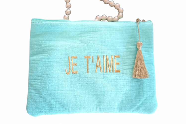 Je T’aime Paris Cosmetic Bag – Aqua Blue Travel Makeup Pouch with Gold Tassel