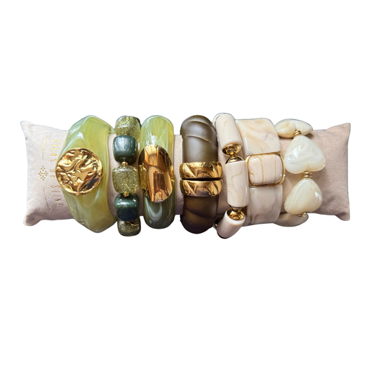 Parisian Chunky Resin Bracelets in Ivory and Translucent Emerald – Hinge & Stretch Statement Bangles