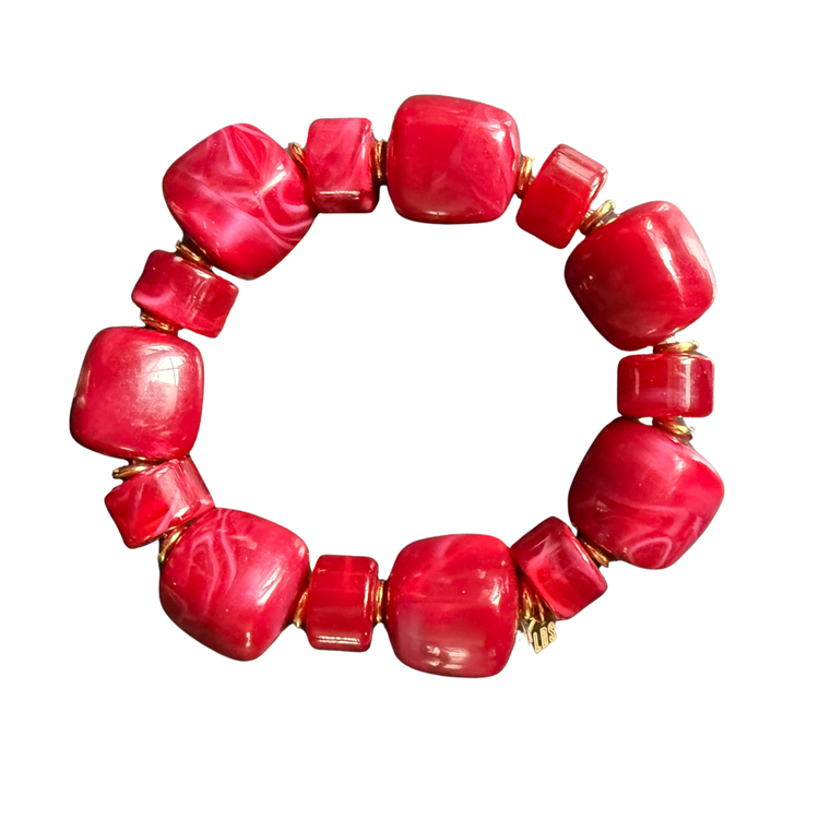 Parisian Chunky Resin Bracelets – Hinge & Stretch Bangles with Faux Gemstone in Red and Ivory | Retro Statement Jewelry