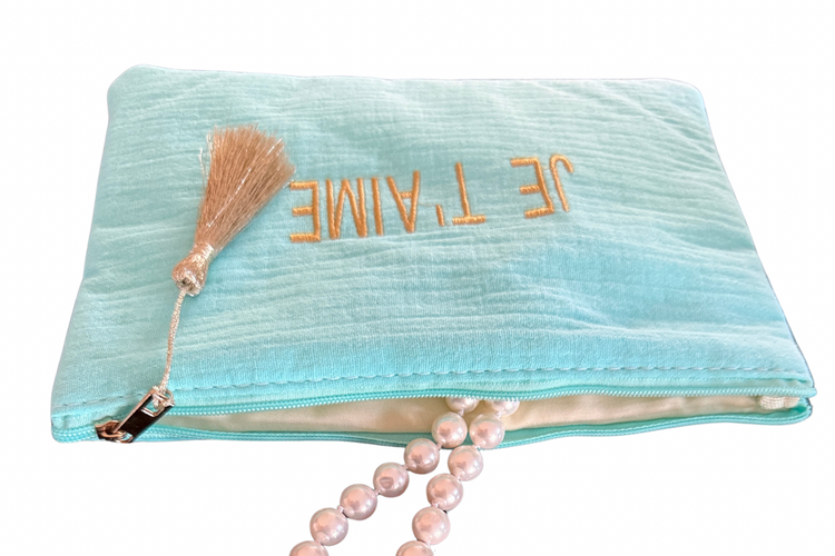 Je T’aime Paris Cosmetic Bag – Aqua Blue Travel Makeup Pouch with Gold Tassel