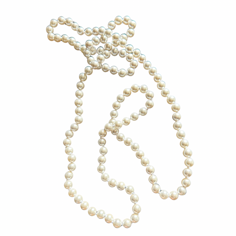 Parisian Long Strand 8mm Faux Pearl Necklace – 46” Hand-Knotted Mother-of-Pearl Coated Pearls