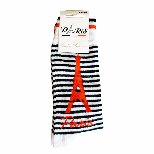 Paris Eiffel Tower Socks – Navy & White Striped Unisex Socks with Red Eiffel Tower | French Gift