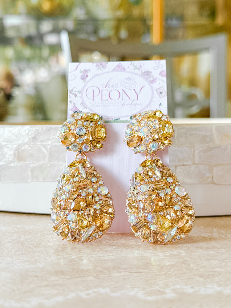 Gold Rhinestone Statement Drop Earrings – 3” Lightweight Glamour Earrings