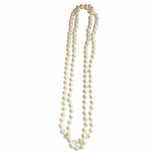 Parisian Long Strand 8mm Faux Pearl Necklace – 46” Hand-Knotted Mother-of-Pearl Coated Pearls